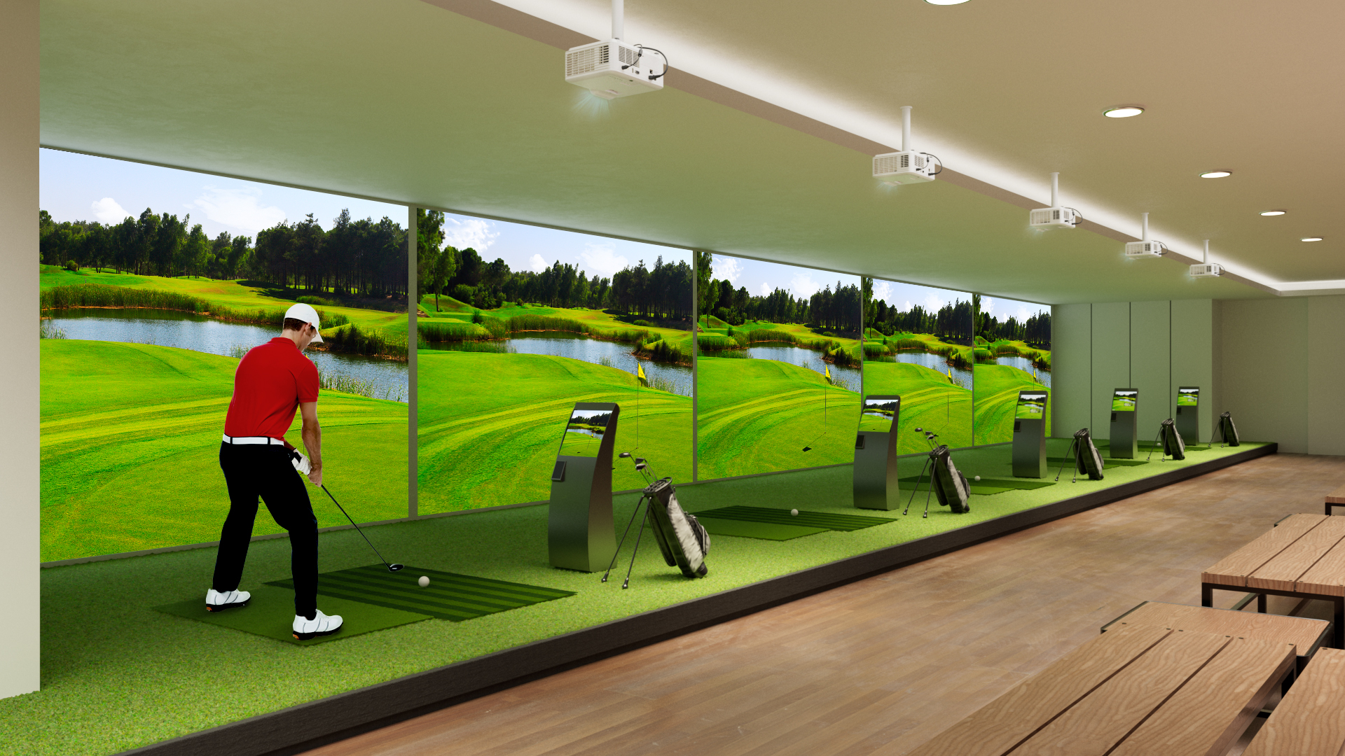 Ceiling-mounted projectors create a seamless virtual golf range, supporting multiple players in an indoor setting