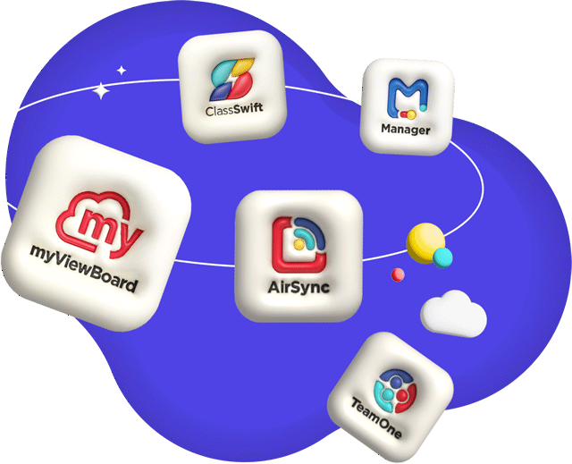 ViewSonic Education Software icons featuring myViewBoard, ClassSwift, AirSync, Manager, and TeamOne.