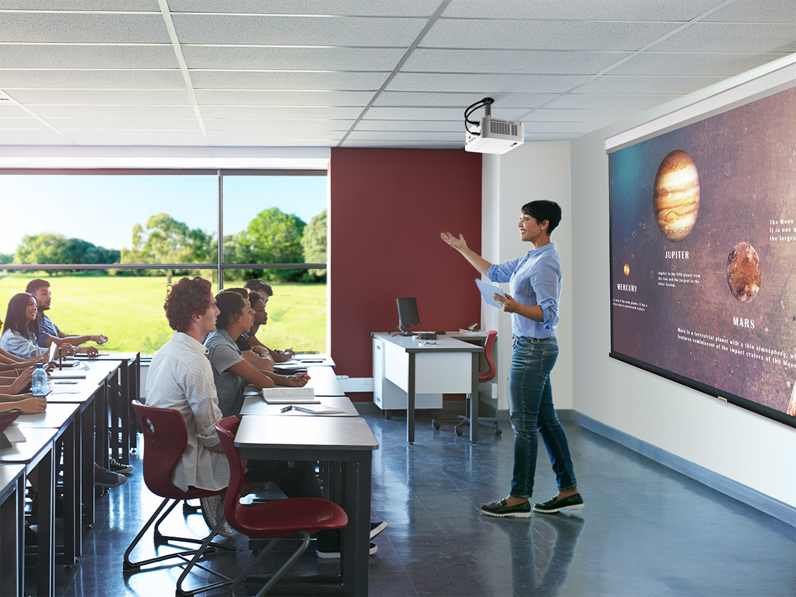 Projector enhancing learning in a classroom setting.