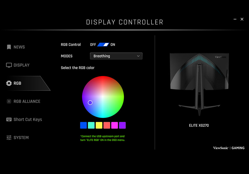 Setări de personalizare a luminii RGB pentru un monitor de jocuri.