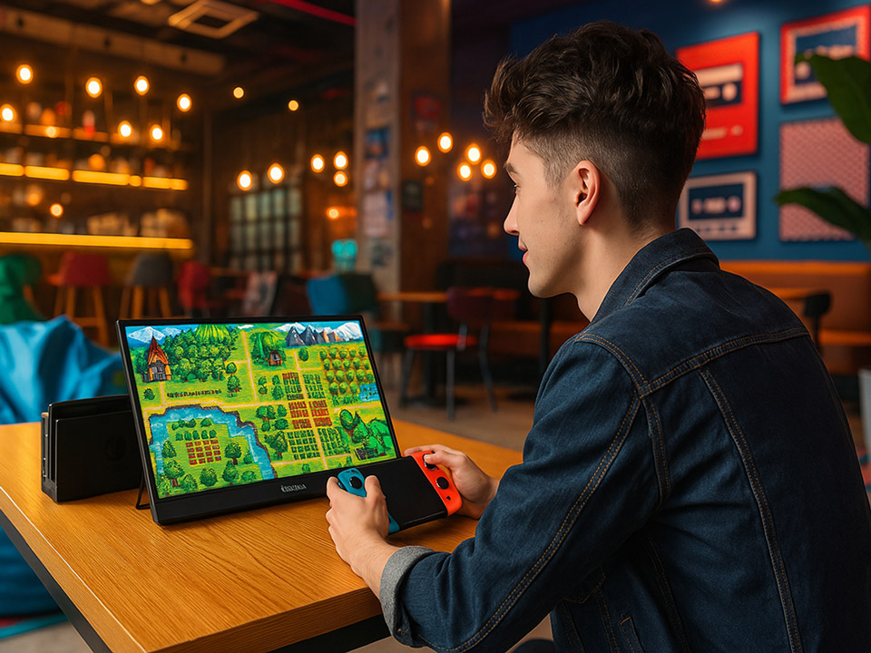 Jucătorii se joacă confortabil oriunde cu un monitor de gaming portabil.