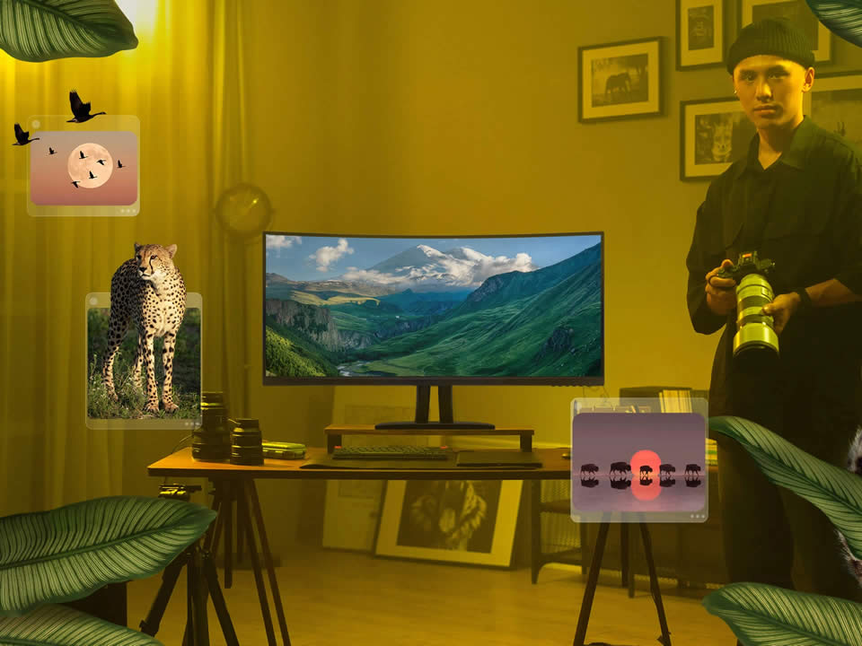 Fotoğraf düzenleme, video inceleme ve içerik oluşturma için ViewSonic ultra geniş monitör kullanılan yaratıcı stüdyo kurulumu.