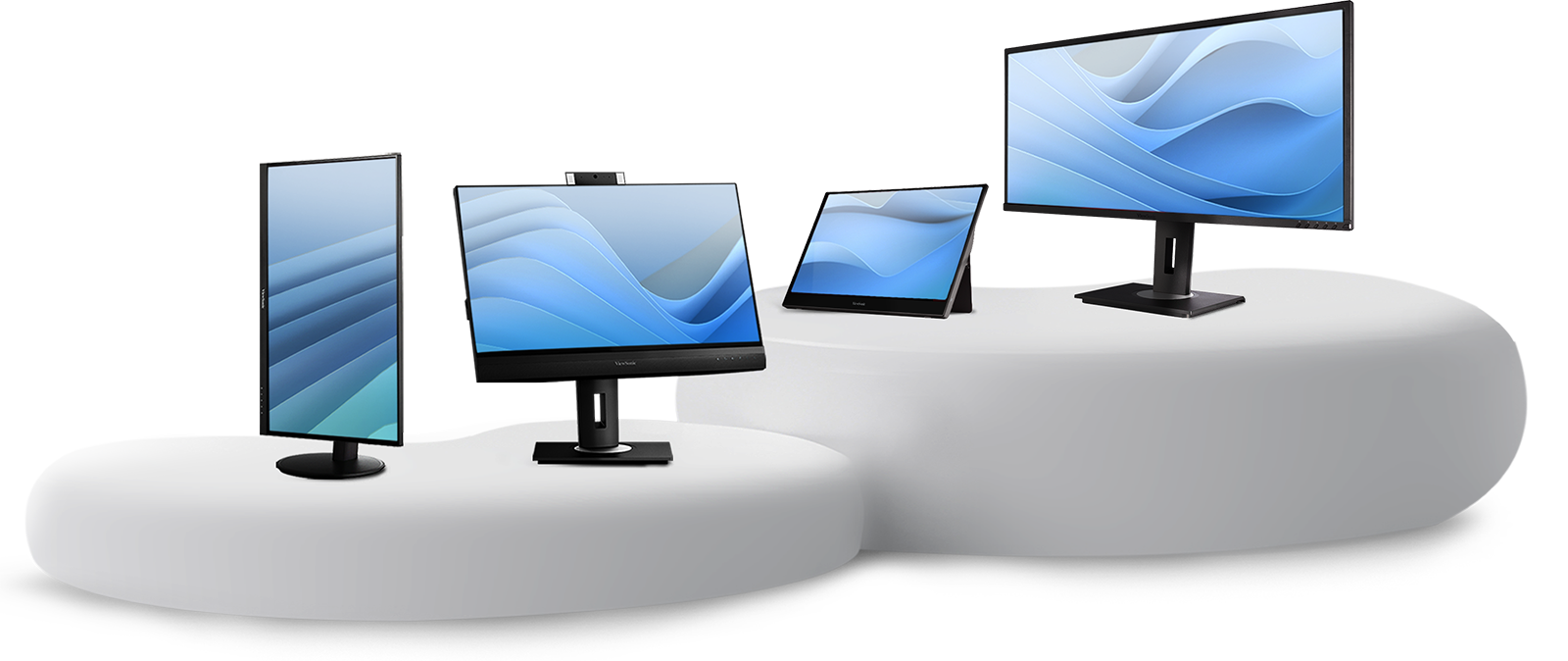 Чотири бізнес-монітори ViewSonic розташовані на білих платформах на фоні футуристичного пейзажу.
